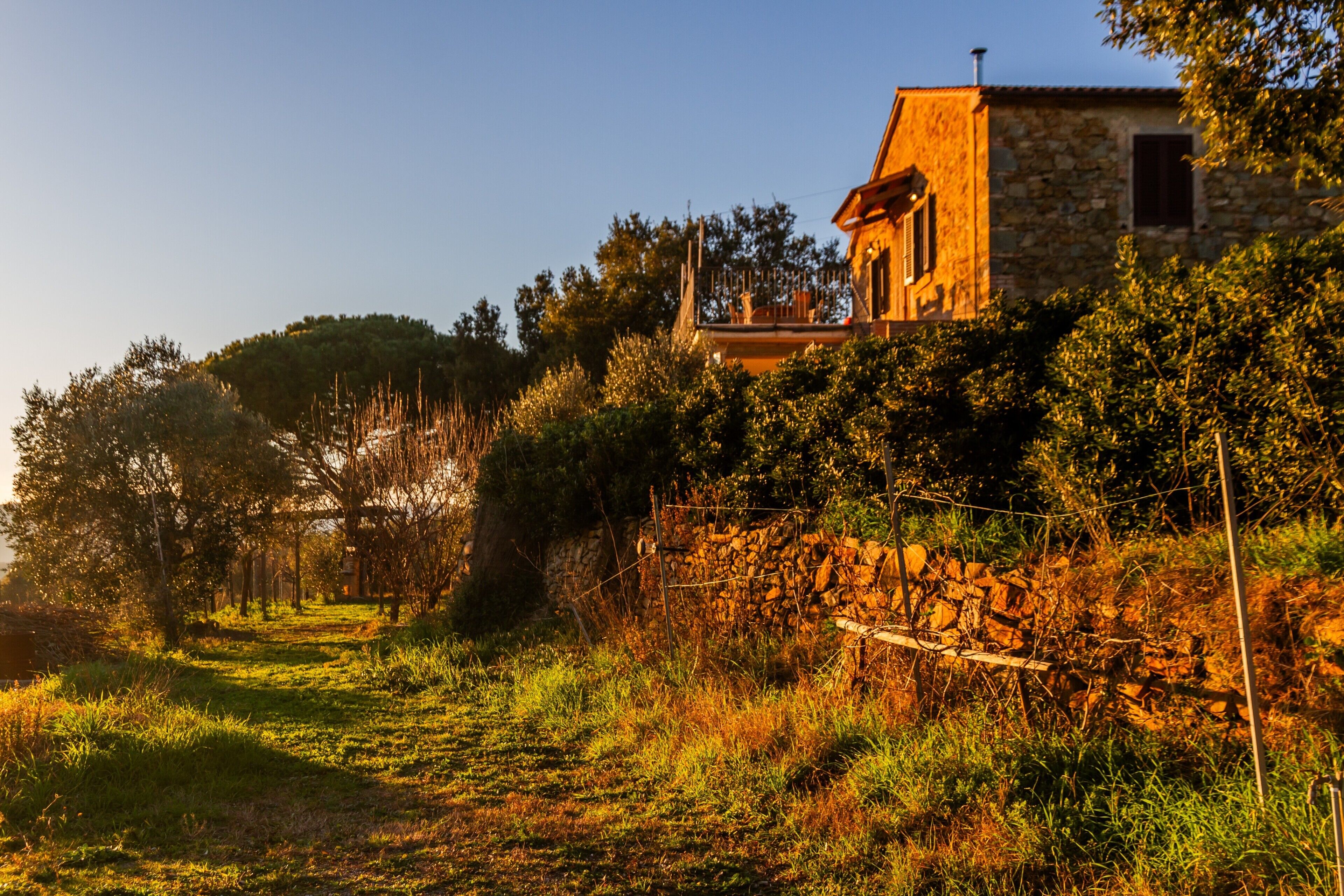 Una casa de piedra con balcón, rodeada de árboles y un muro de piedra.