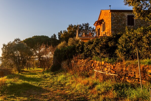 A stone house with a balcony, surrounded by trees and a stone wall.