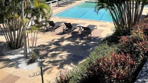 Ein Poolbereich mit Palmen und Liegestühlen.