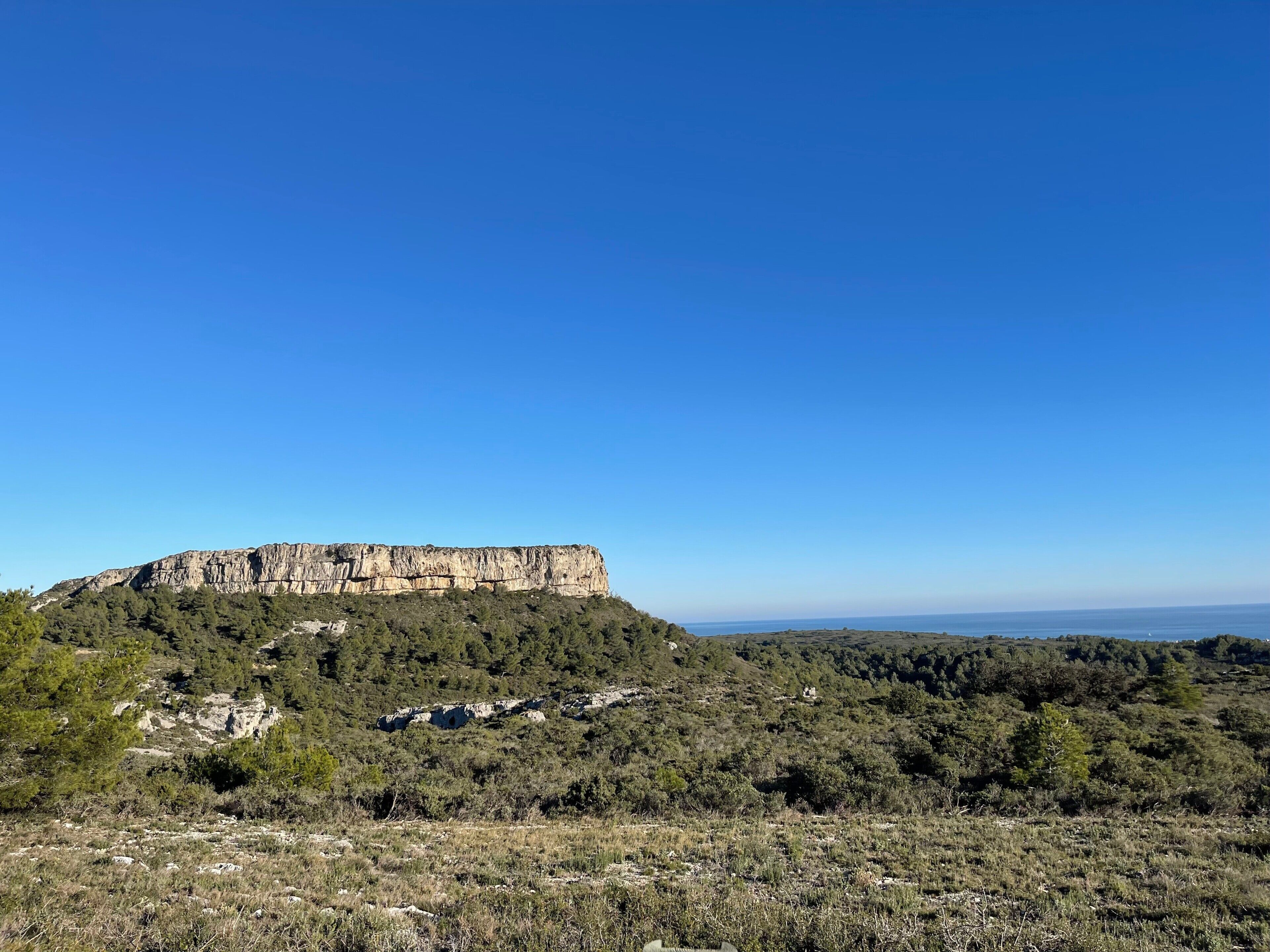 Un paisaje montañoso con un imponente risco y un bosque denso.