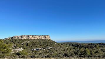 Un paisaje montañoso con un imponente risco y un bosque denso.