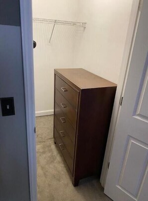 Cozy room with a dresser, carpeted floor, and a shelf unit.