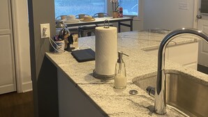 A kitchen with a granite countertop, stainless steel sink, and a hanging pendant light. - Little Farm: Private Country Setting, 15 minute drive to downtown Aiken (Aiken)