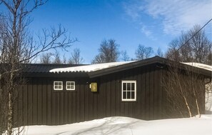 A dark wooden cabin with a sloped roof, two windows, and a chimney.