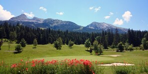 En golfbane med et bjerg i baggrunden, træer og røde blomster i forgrunden.