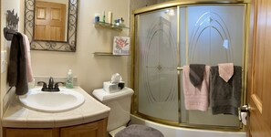 Hair dryer, towels, soap, toilet paper