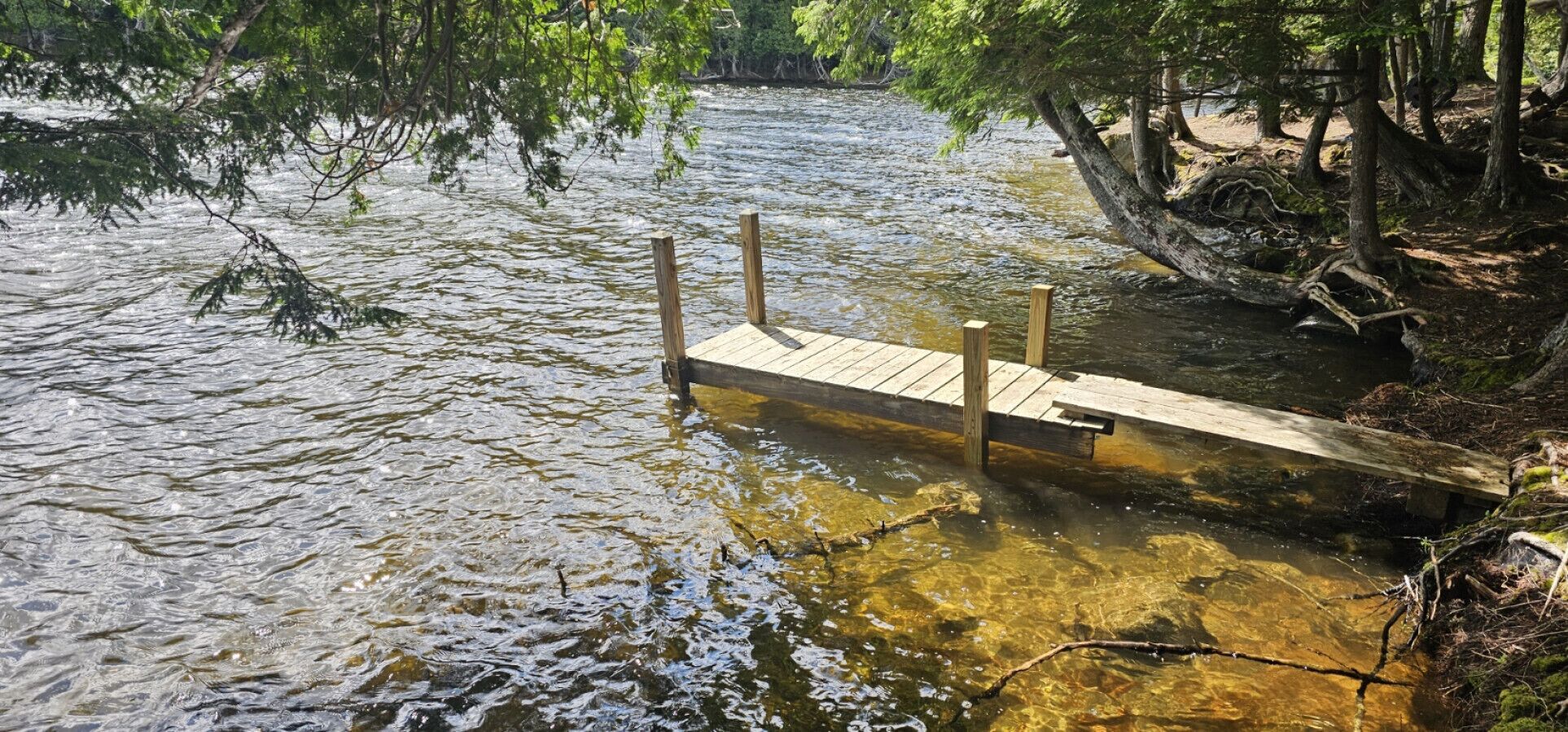A wooden dock extending into a river surrounded by trees.