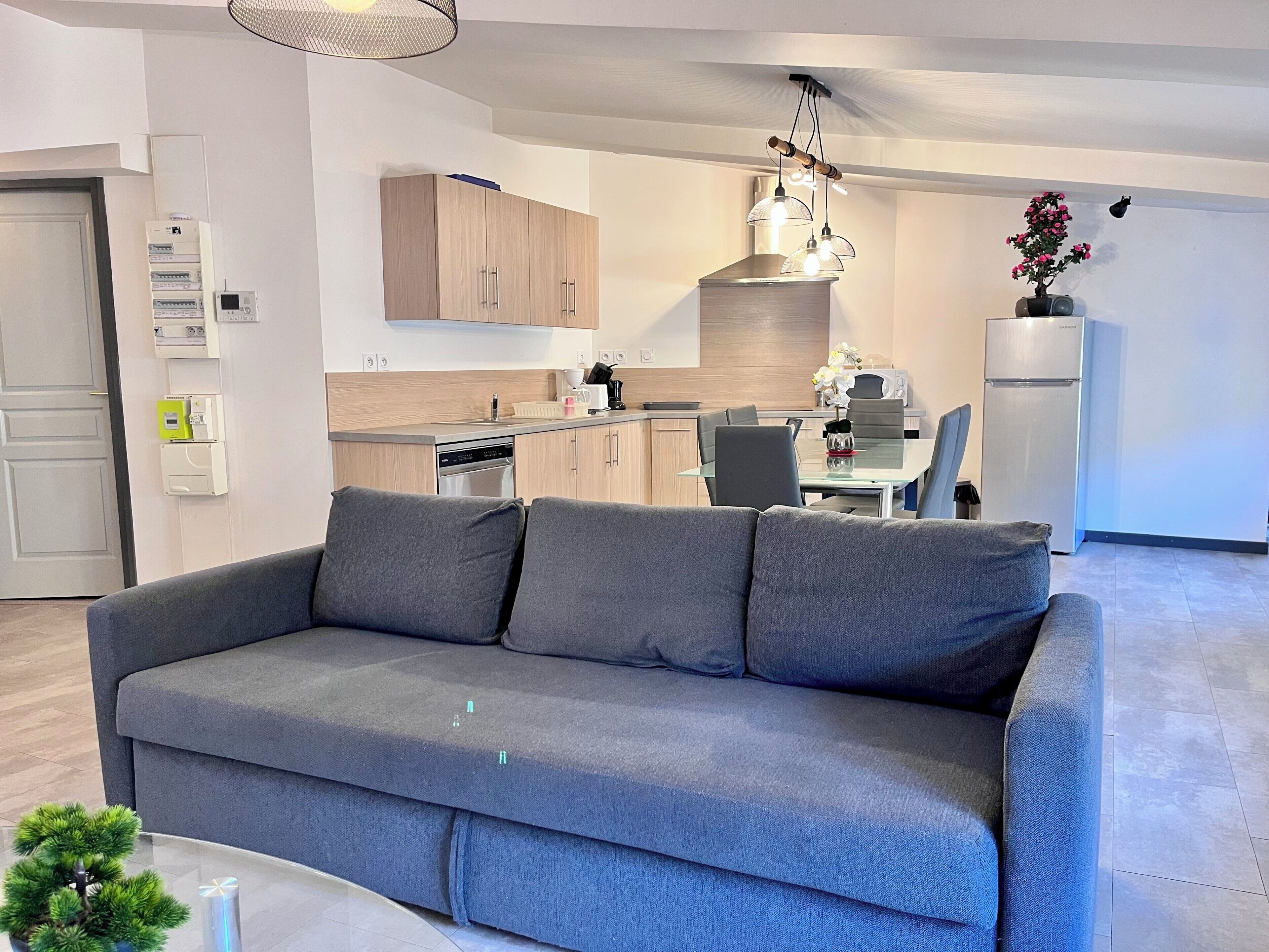 Ein modernes Wohnzimmer mit grauem Sofa, einem Esstisch mit Stühlen, einer Küchenzeile inklusive Schränken und Geräten sowie einem kleinen Topfpflanzen.