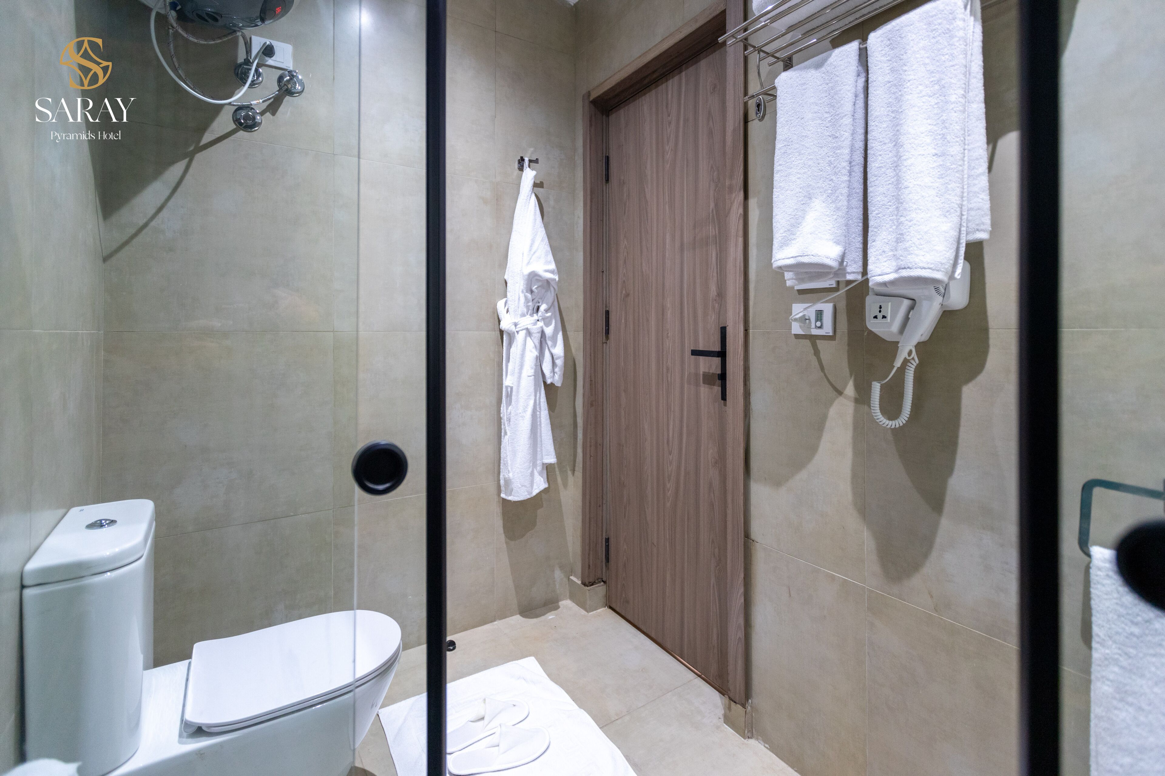 A modern bathroom with a glass shower enclosure, a wooden door, and two towels hanging on hooks.