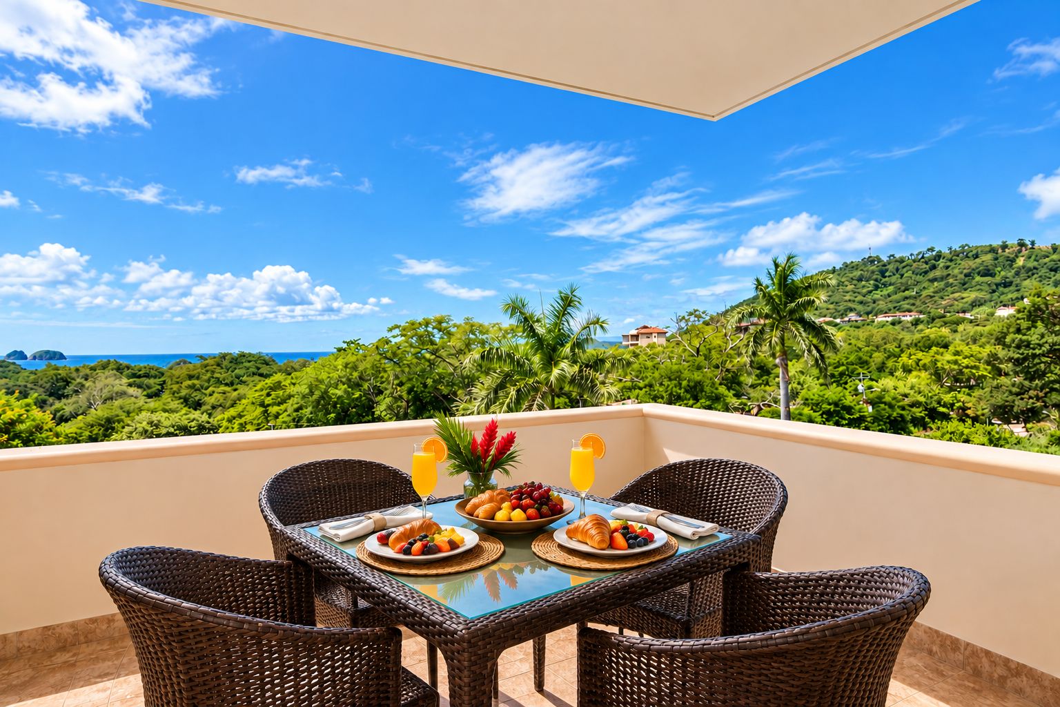 Un balcon agrémenté de meubles en osier, une table avec des éléments pour le petit-déjeuner et une vue panoramique sur un paysage luxuriant et l’océan.