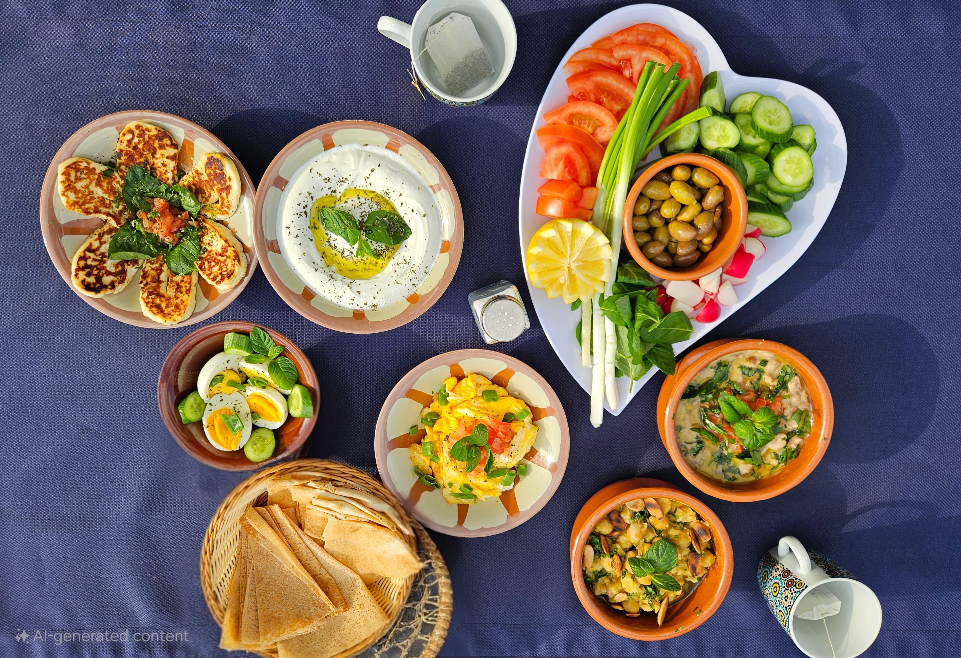 A variety of dishes including a heart-shaped plate with vegetables and a bowl of soup.