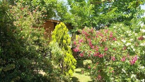 A garden pathway leading to a wooden structure, surrounded by lush greenery and flowering plants. - Chalet 'Joli En Bois' with Private Terrace, Wi-Fi & Air Conditioning (Roquebrune-sur-Argens)