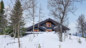 A log cabin with a steeply pitched roof, surrounded by snow-covered ground and sparse trees.