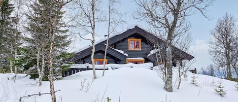 A log cabin with a steeply pitched roof, surrounded by snow-covered ground and sparse trees.