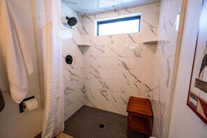 Shower, hair dryer, towels