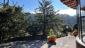 A stone pathway leading to a wooden structure with a view of tall trees and mountains. - Cabañas Real Victoria (El Oro de Hidalgo)