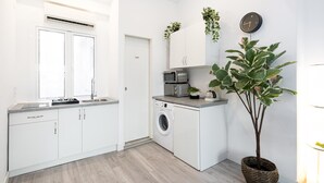 Une cuisine moderne avec des meubles blancs, un lave-linge encastré et une grande plante en pot.
