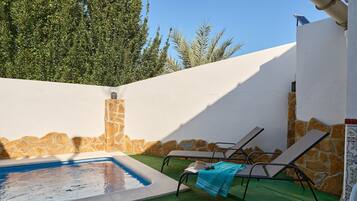 Zona de piscina amb mur de pedra, gandules i una piscina petita.