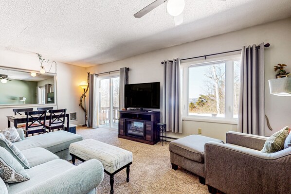 Una televisión, una chimenea, libros