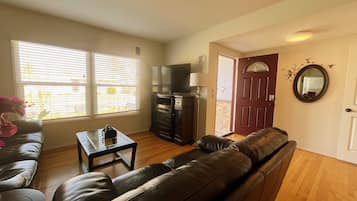 Smart TV, fireplace, DVD player, books