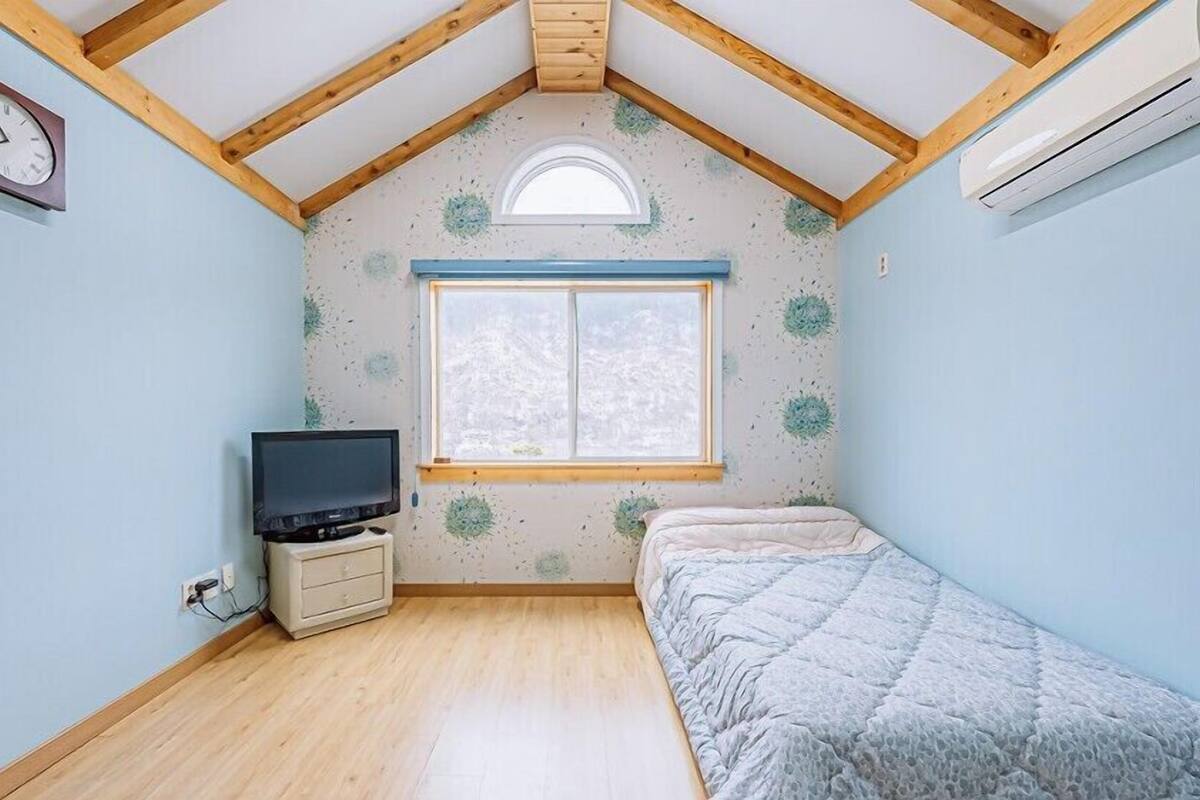 Un apartamento pequeño de una habitación con techo inclinado, una ventana, una cama, un televisor y un reloj en la pared.