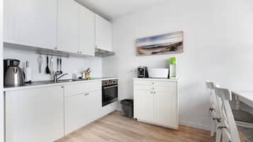 Kühlschrank, Ofen, Herdplatte, Wasserkocher mit Kaffee-/Teezubehör