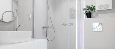 Shower, towels, soap, toilet paper