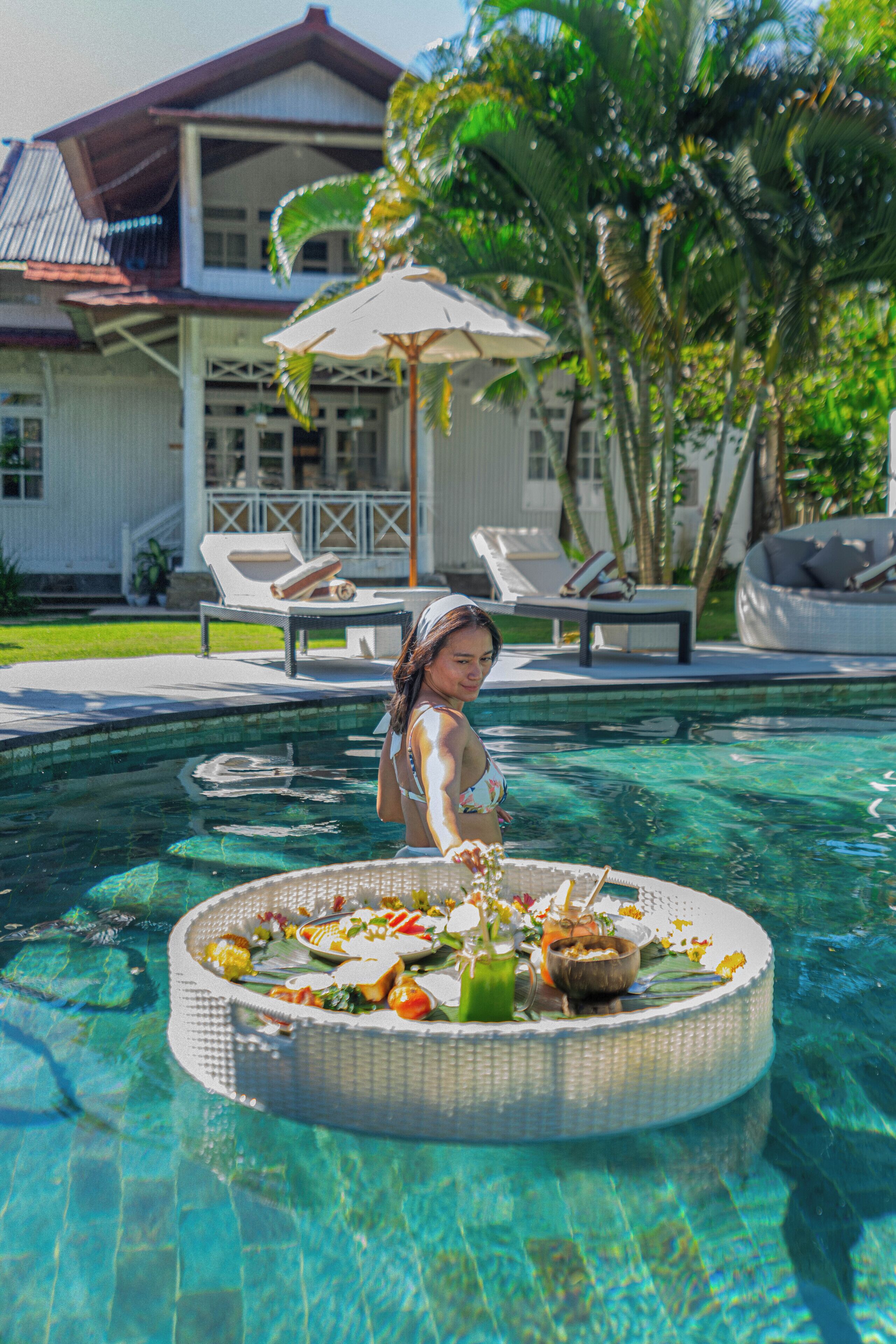 Outdoor pool, pool umbrellas, pool loungers