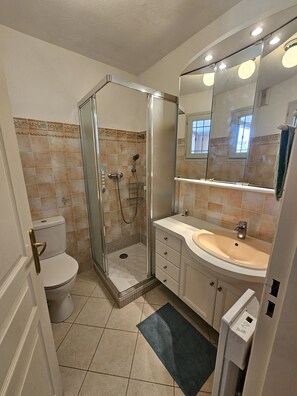 Ett badrum med en dusch som är avskärmad med glasväggar, en toalett, ett handfat och en spegel.