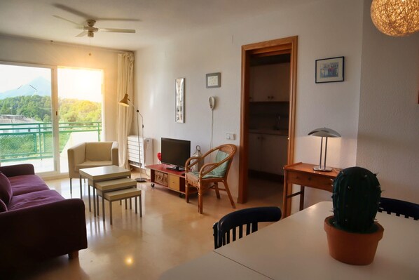 A living room with a TV, a cactus, and a balcony with a view of greenery.