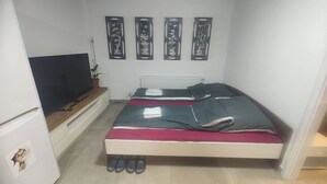 A bedroom with two beds, a TV, a plant, and artwork on the wall. - Vu's Home - Apartment Deluxe 50m2 (Prague)