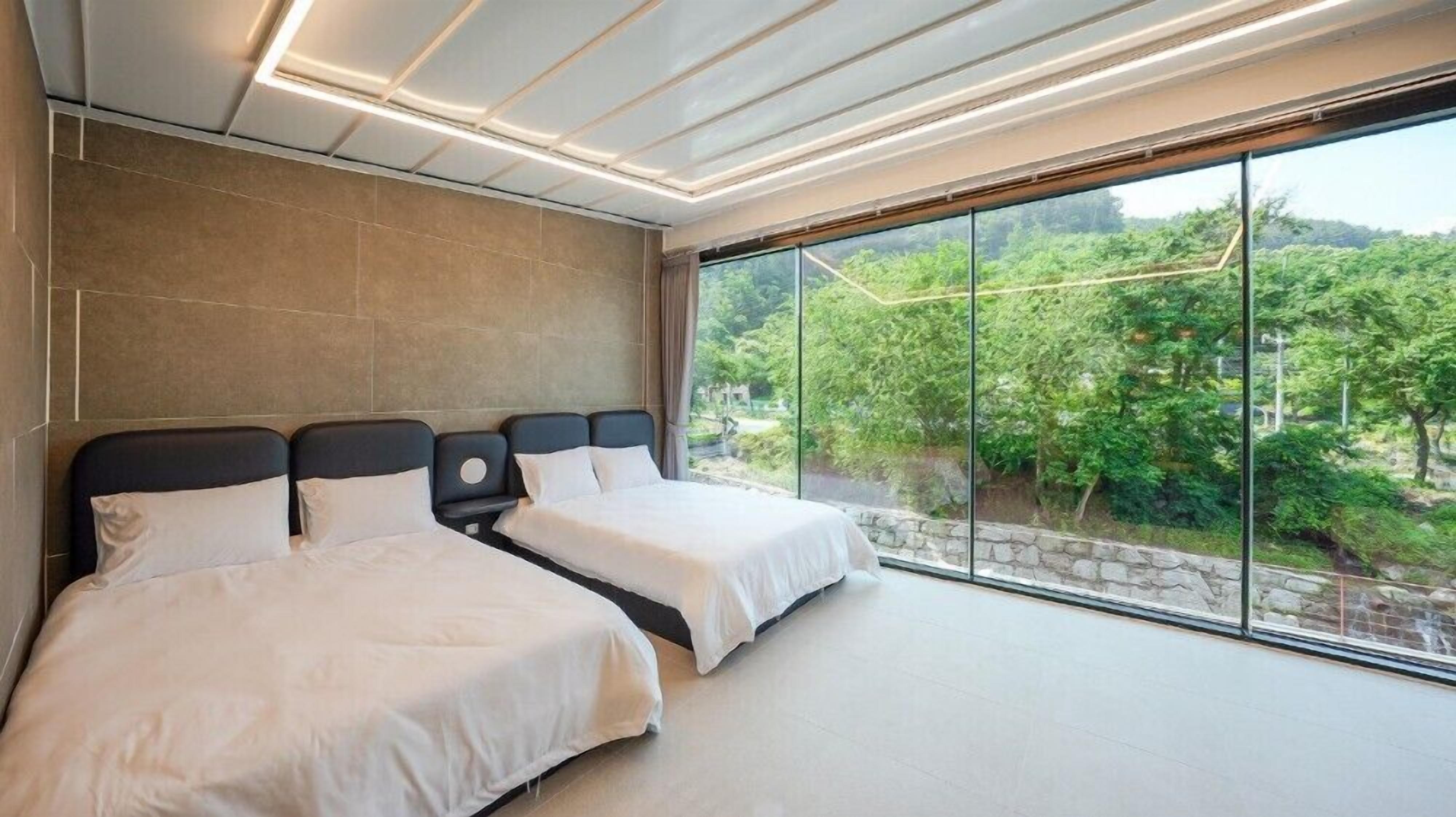A modern hotel room with two beds, a large window offering a view of greenery, and a ceiling with recessed lighting.