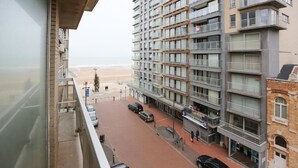En flervåningsbyggnad med balkonger, utsikt över stranden och en asfalterad gata med parkerade bilar.