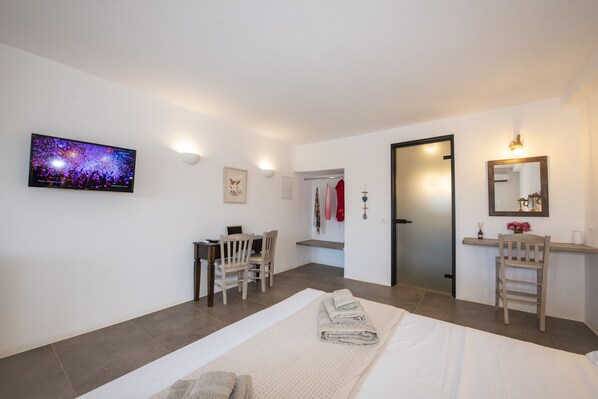 Un dormitorio con cama, escritorio, silla, televisor y espejo.