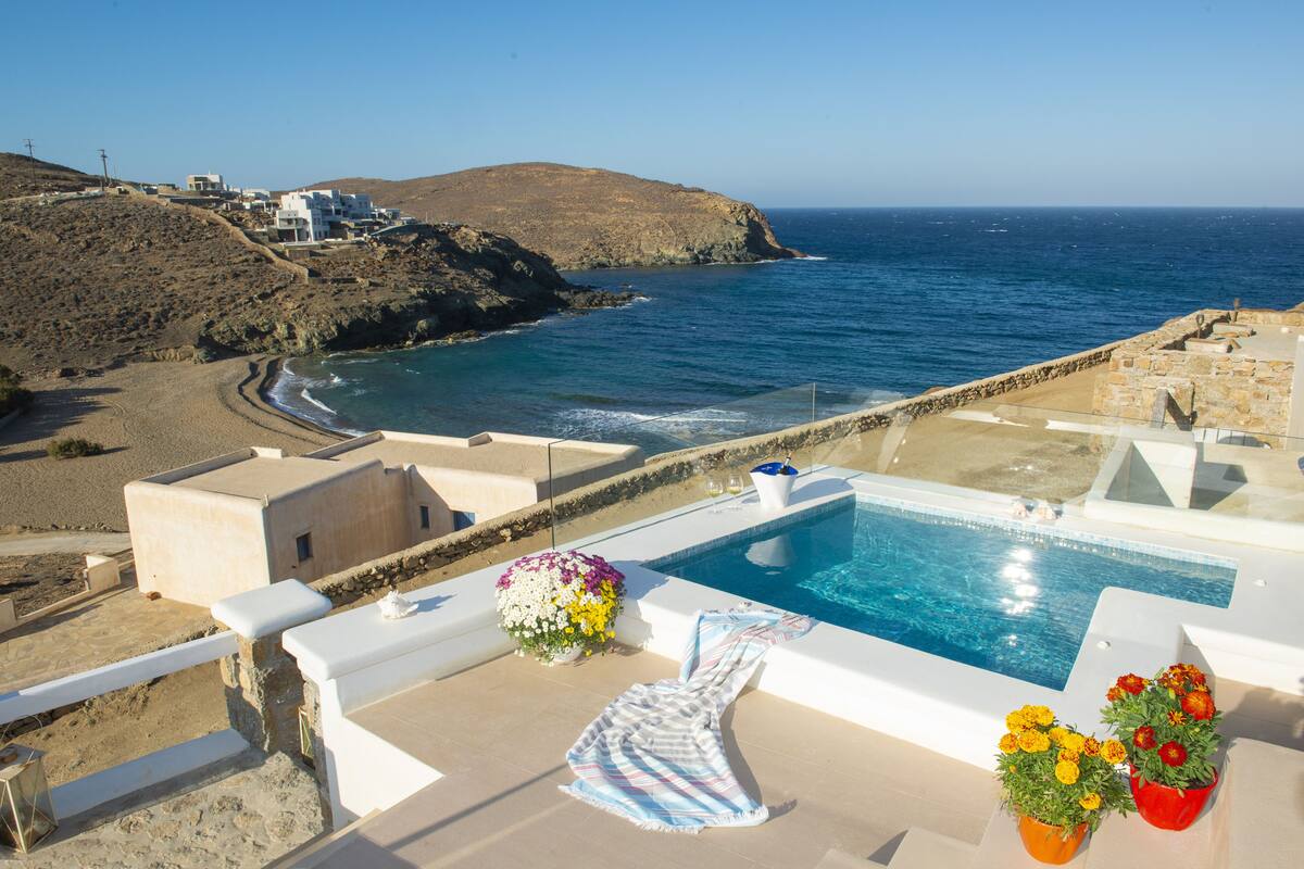 A poolside area with a view of the sea, a small pool, and potted flowers.