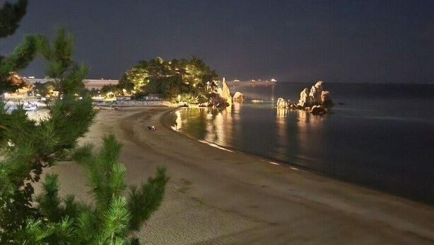 Una playa con una línea costera curva, árboles y un paisaje urbano lejano.