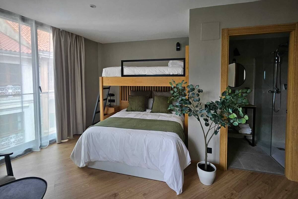 Une chambre d’hôtel moderne équipée d’un lit superposé, d’une plante en pot, d’un bureau et d’un espace douche.