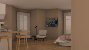 Una sala moderna con un sofá, una mesa de comedor con sillas, una lámpara de pie y un cuadro de un paisaje urbano en la pared.