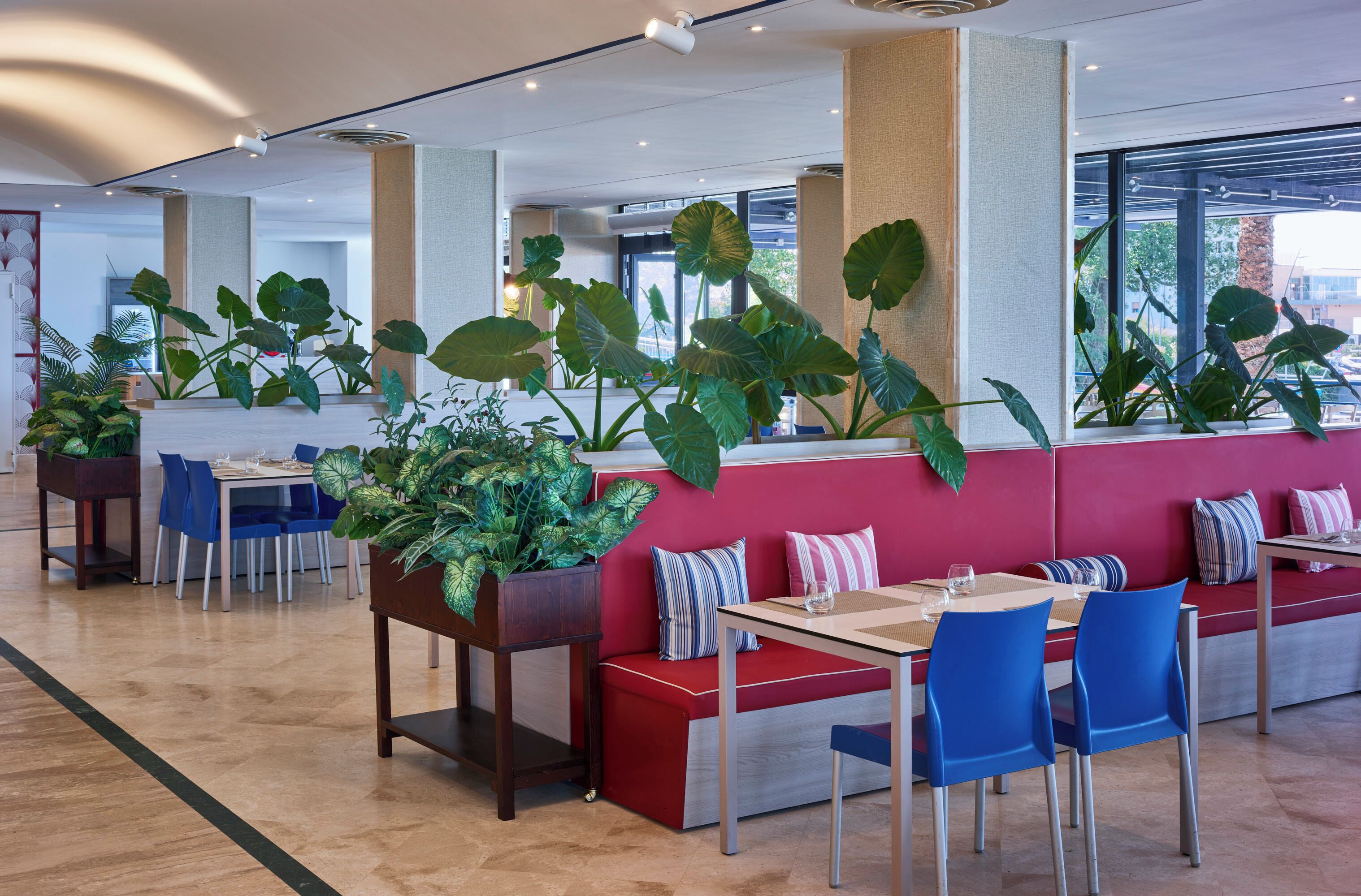 Un comedor moderno con asientos rojos, sillas azules y grandes macetas con plantas.