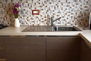 Fridge, oven, stovetop, cookware/dishes/utensils