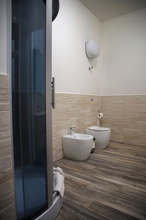 Regadera, secadora de cabello, bidet, toallas 