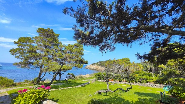 Un jardin avec un mur de pierre, des plantes en pot et une vue sur la mer.