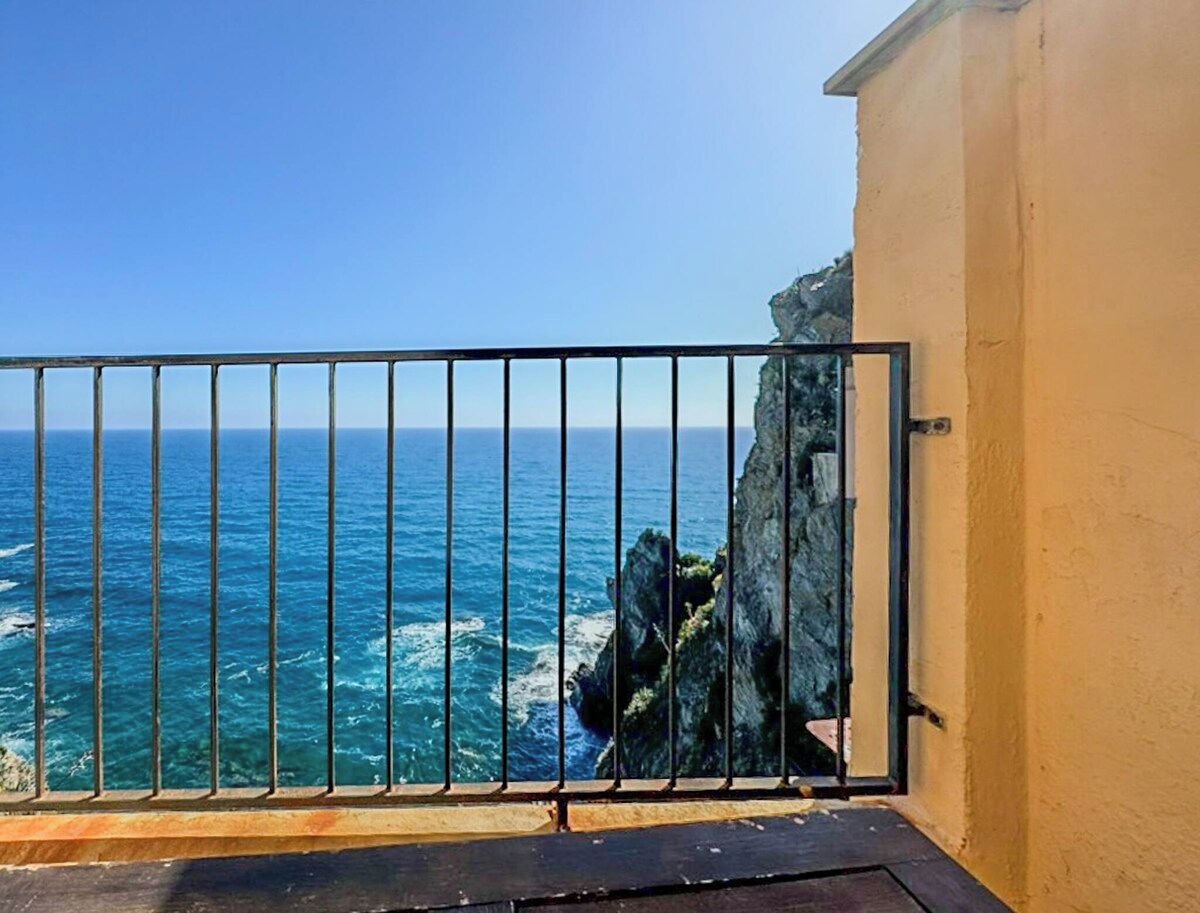 Un balcon doté d’une rambarde en métal, donnant sur une côte rocheuse et la mer.