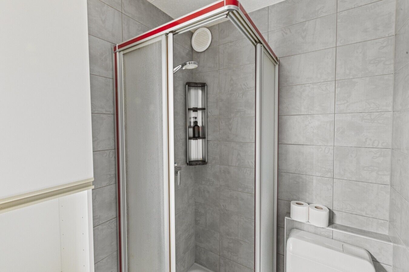 Cabina de ducha con puerta de vidrio, cabezal de ducha de mano y un mueble de almacenamiento vertical.