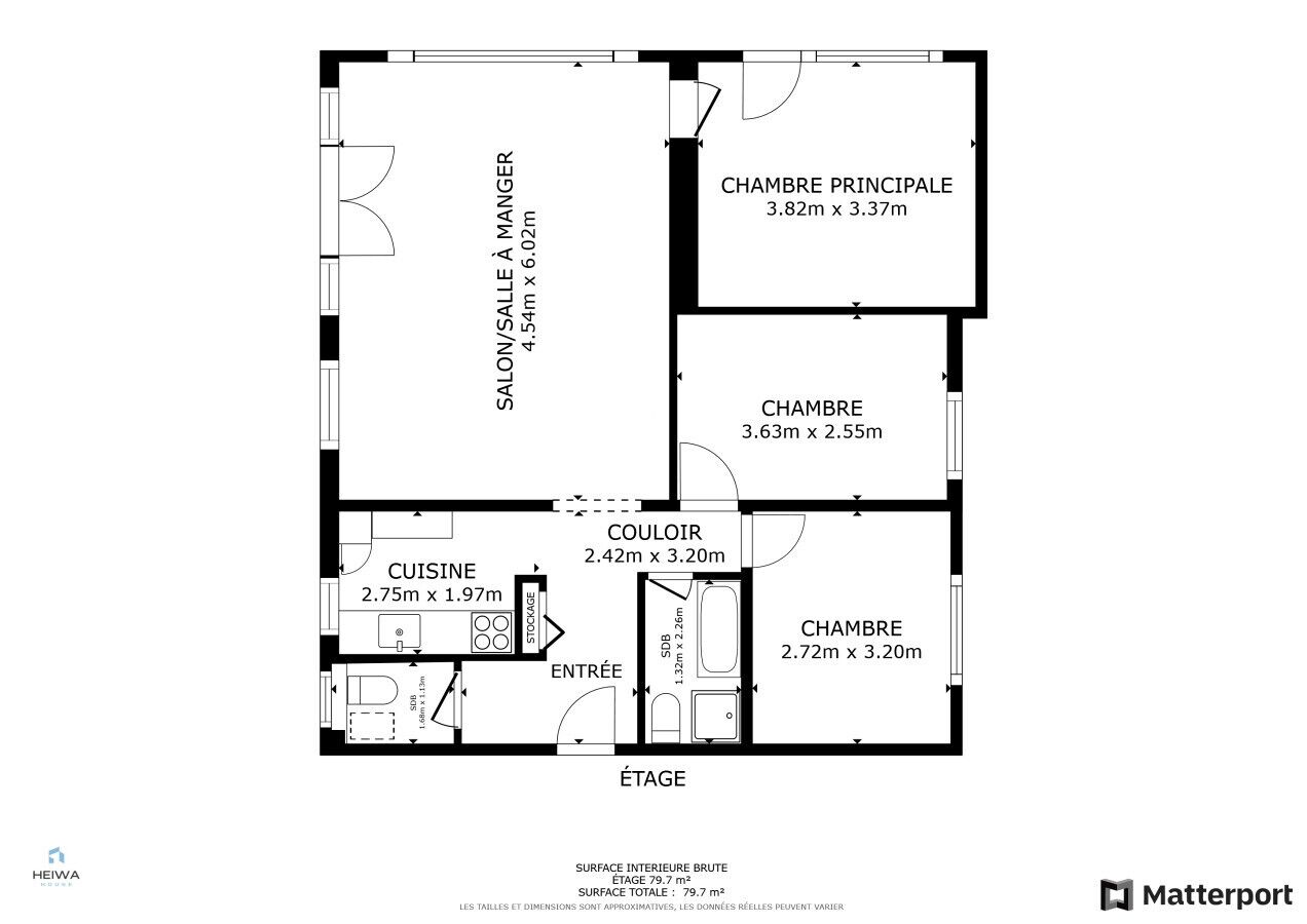 A floor plan of a hotel with a total area of 79.7 m². It includes a main bedroom, a bedroom, a living room, a kitchen, a bathroom, and a dining area.