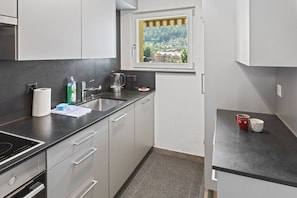 Coffee/tea maker, fridge, microwave, oven