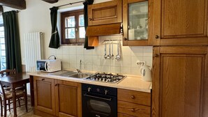 Coffee/tea maker, fridge, microwave, oven