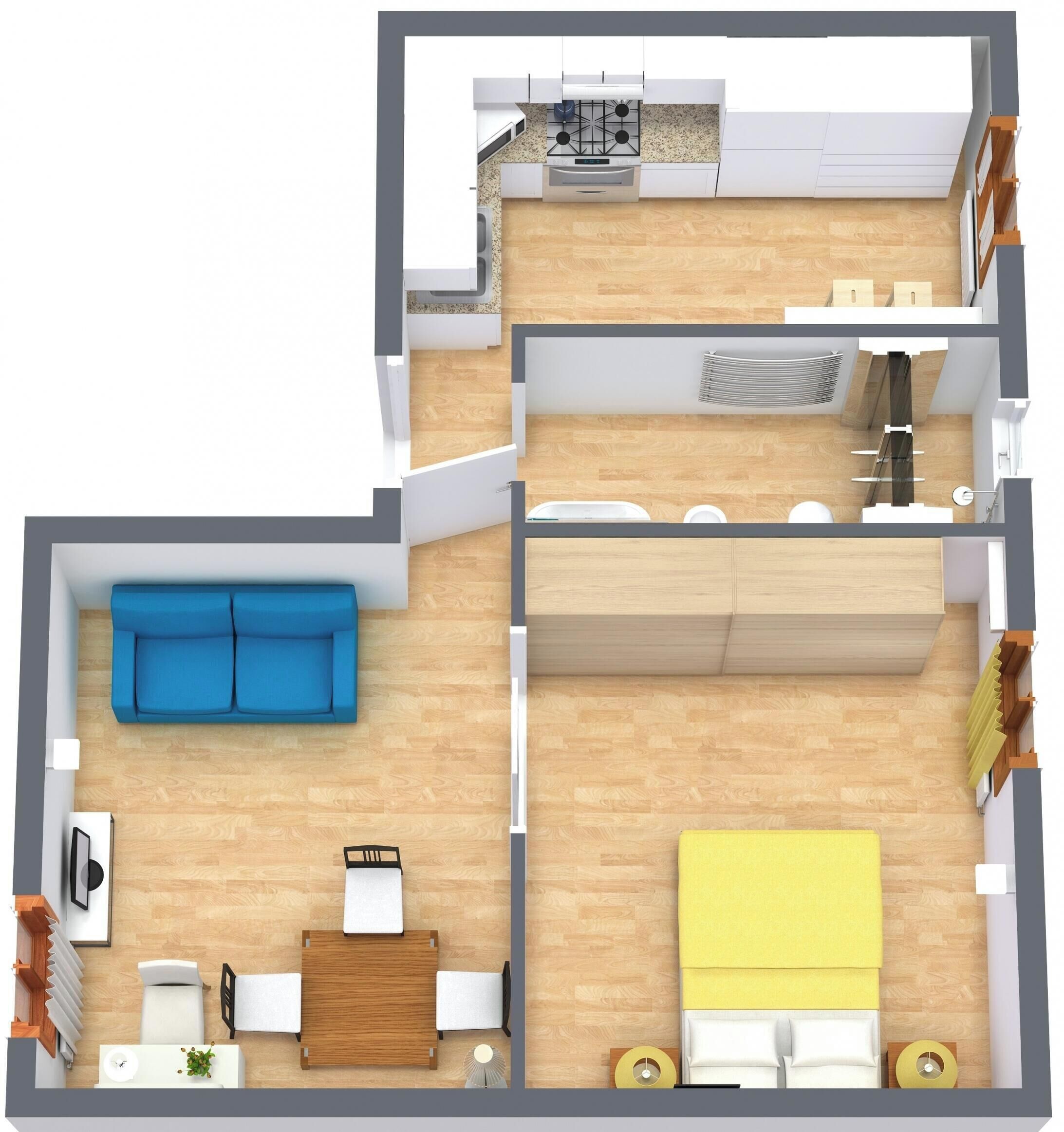 A two-bedroom apartment layout with a living room, dining area, kitchen, and bathroom.