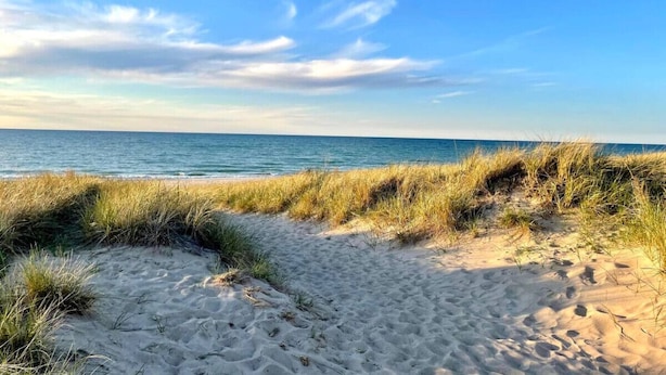 A sandy beach path with grass dunes leading to the ocean.
