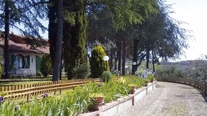 A garden with a wooden fence, a swing set, and a pathway leading to a building with a red roof.